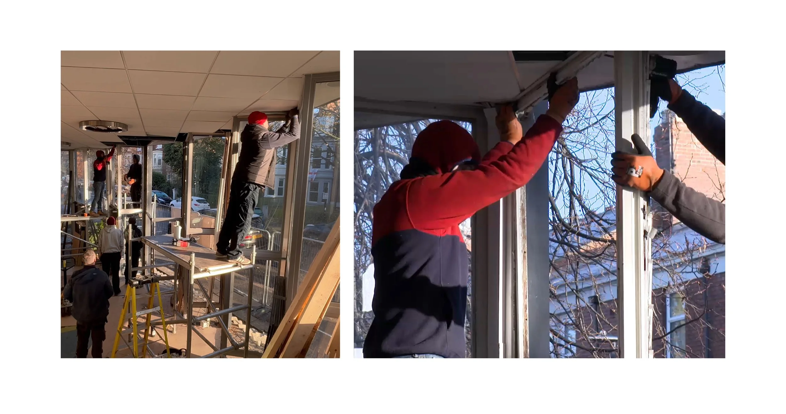 Two photos of construction workers installing or repairing window frames indoors during the daytime. One worker is on a platform, and the other is handling a window frame near a window with leafless trees outside.