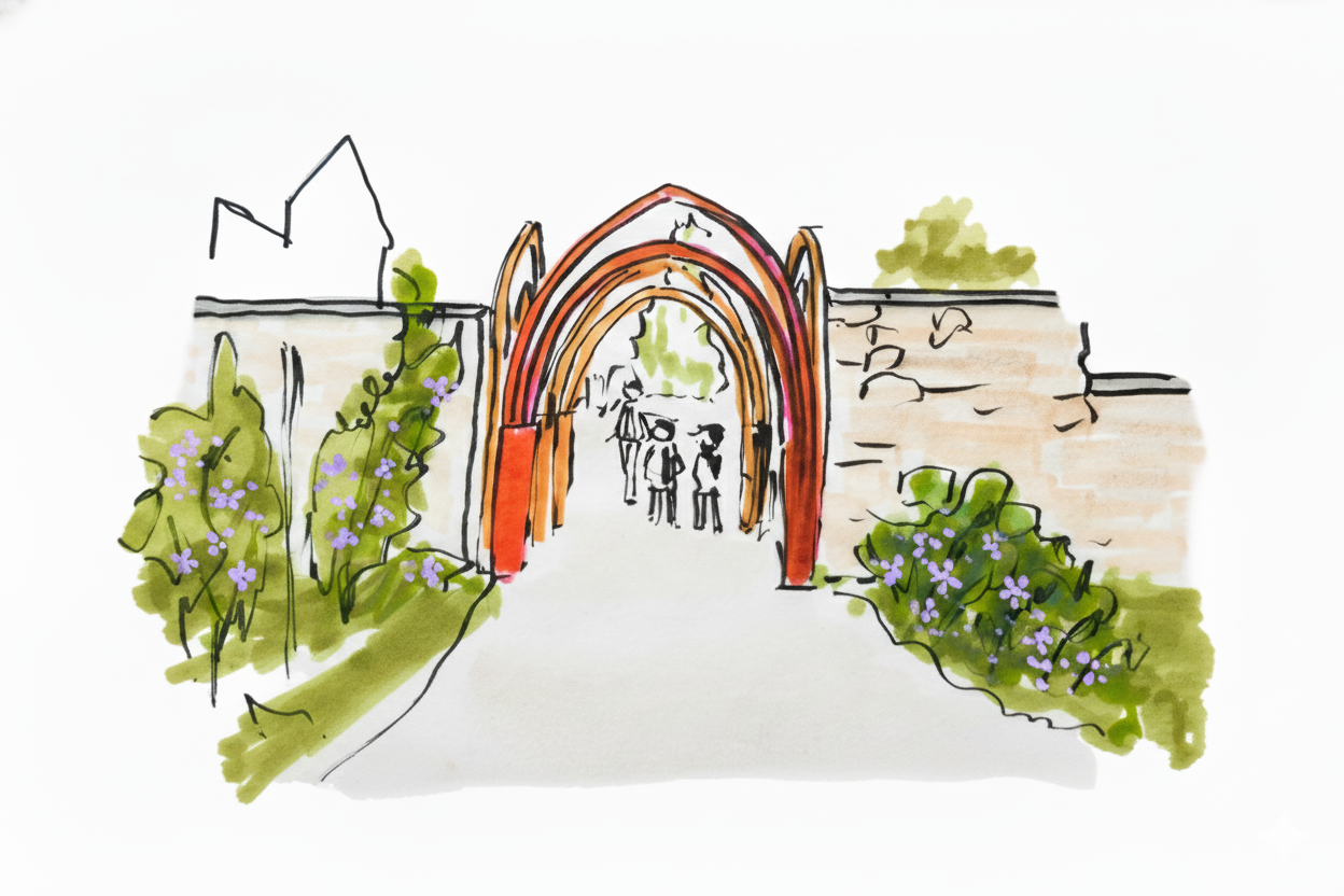 A watercolor sketch of a garden entrance with flowering bushes on both sides, an arched gateway, and people walking underneath.
