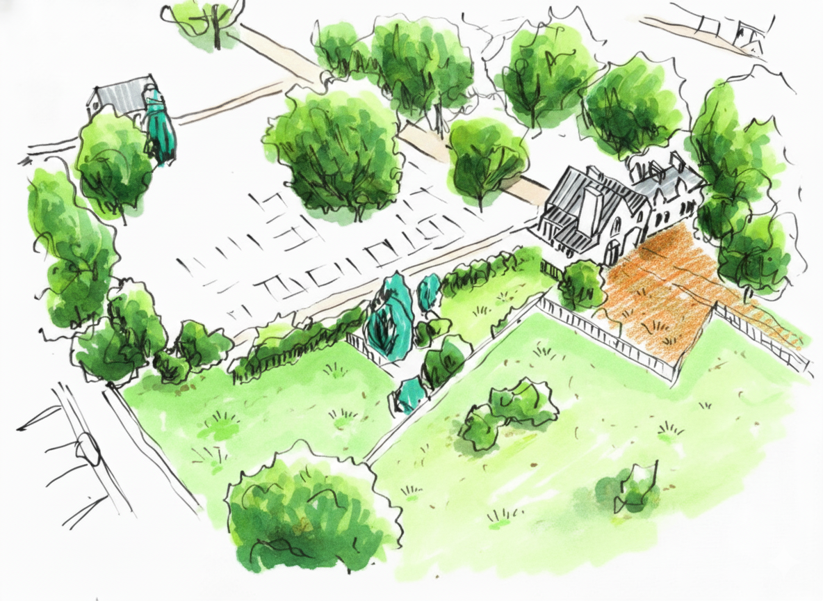 A drawing of a church surrounded by trees, a parking lot, and a grassy area with some smaller trees and bushes.