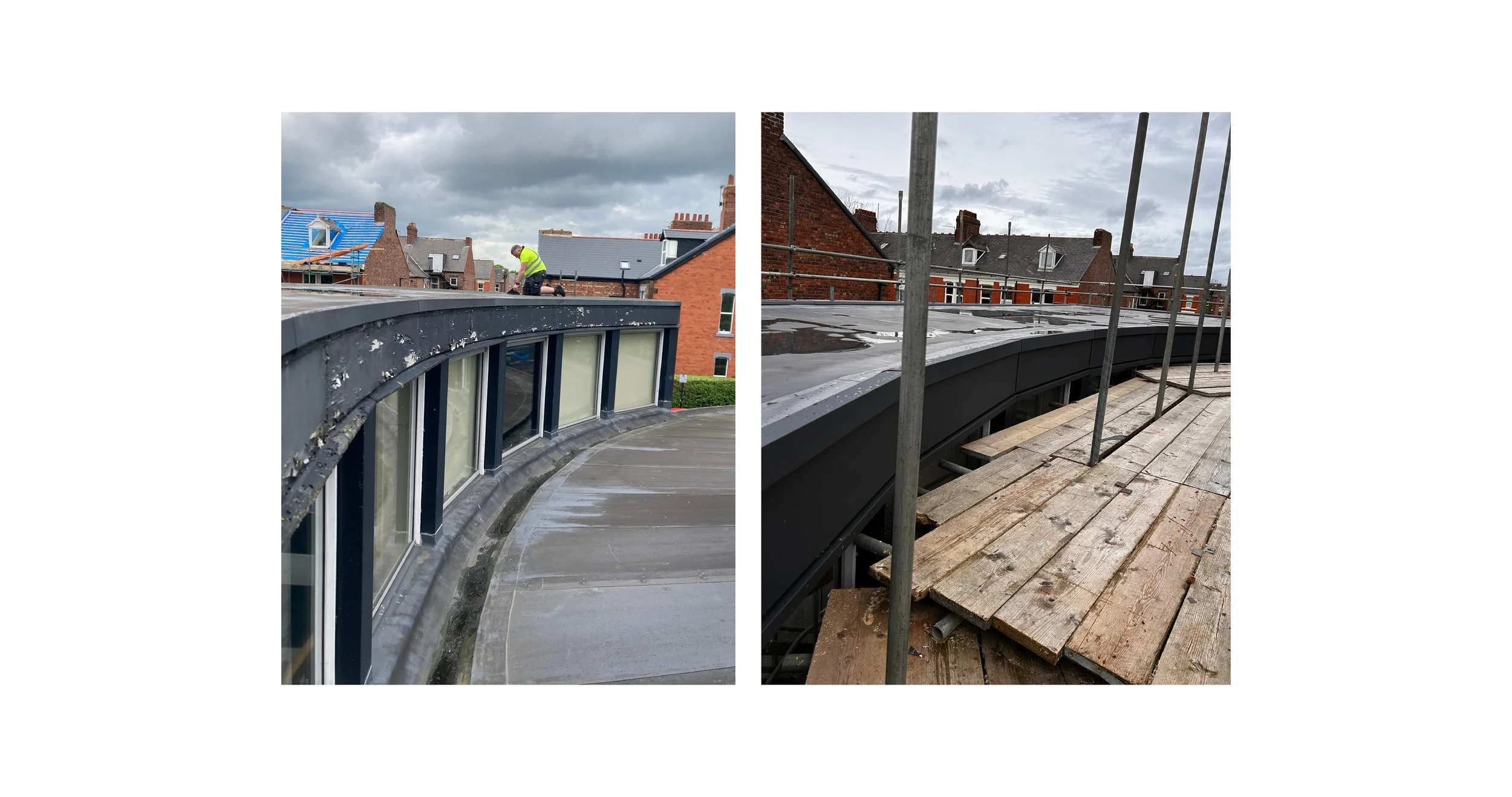 Two photos of a curved rooftop under construction, with the left showing a worker in a safety vest working on the roof, and the right showing the roof with scaffolding and wooden planks, against a cloudy sky.