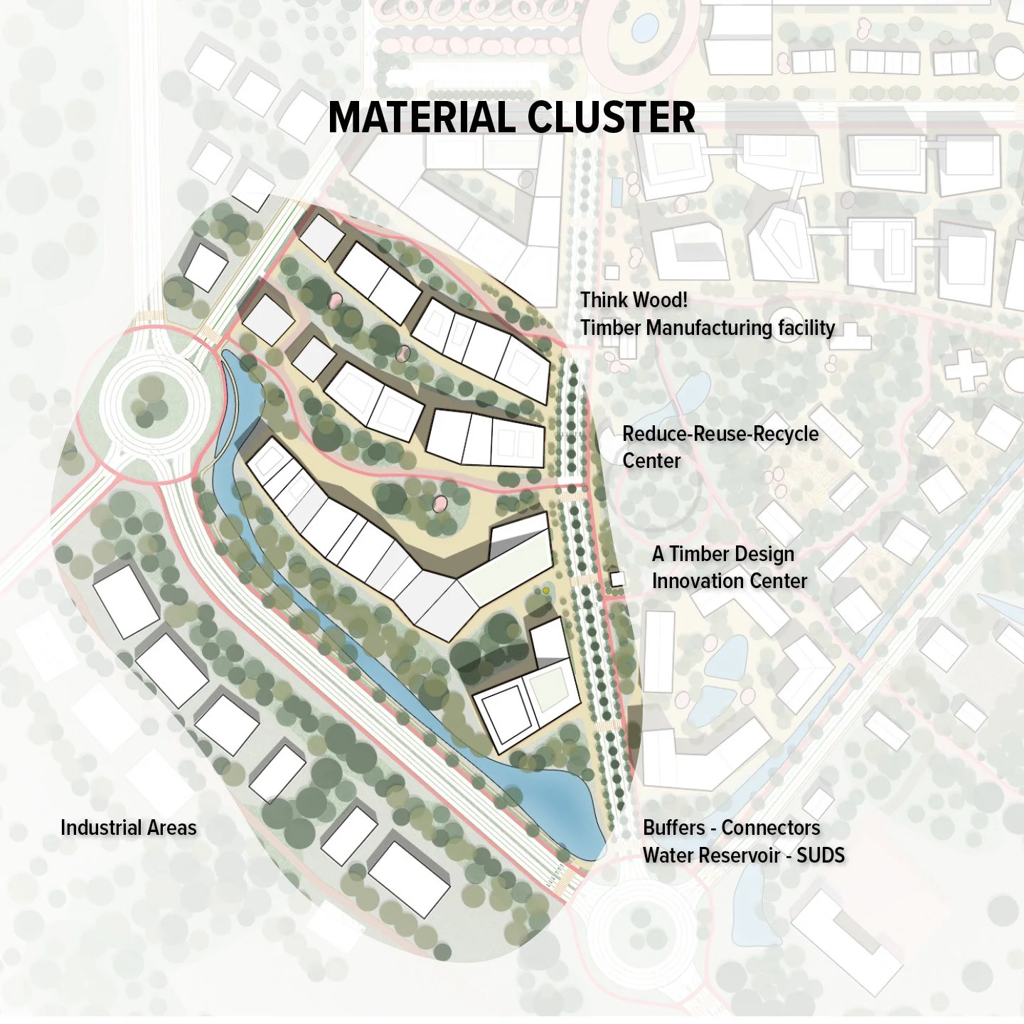 A site plan layout of a community development project with designated areas for a timber manufacturing facility, a recycle center, a design innovation center, water reservoir, buffers, connectors, industrial areas, and surrounding roads with trees an