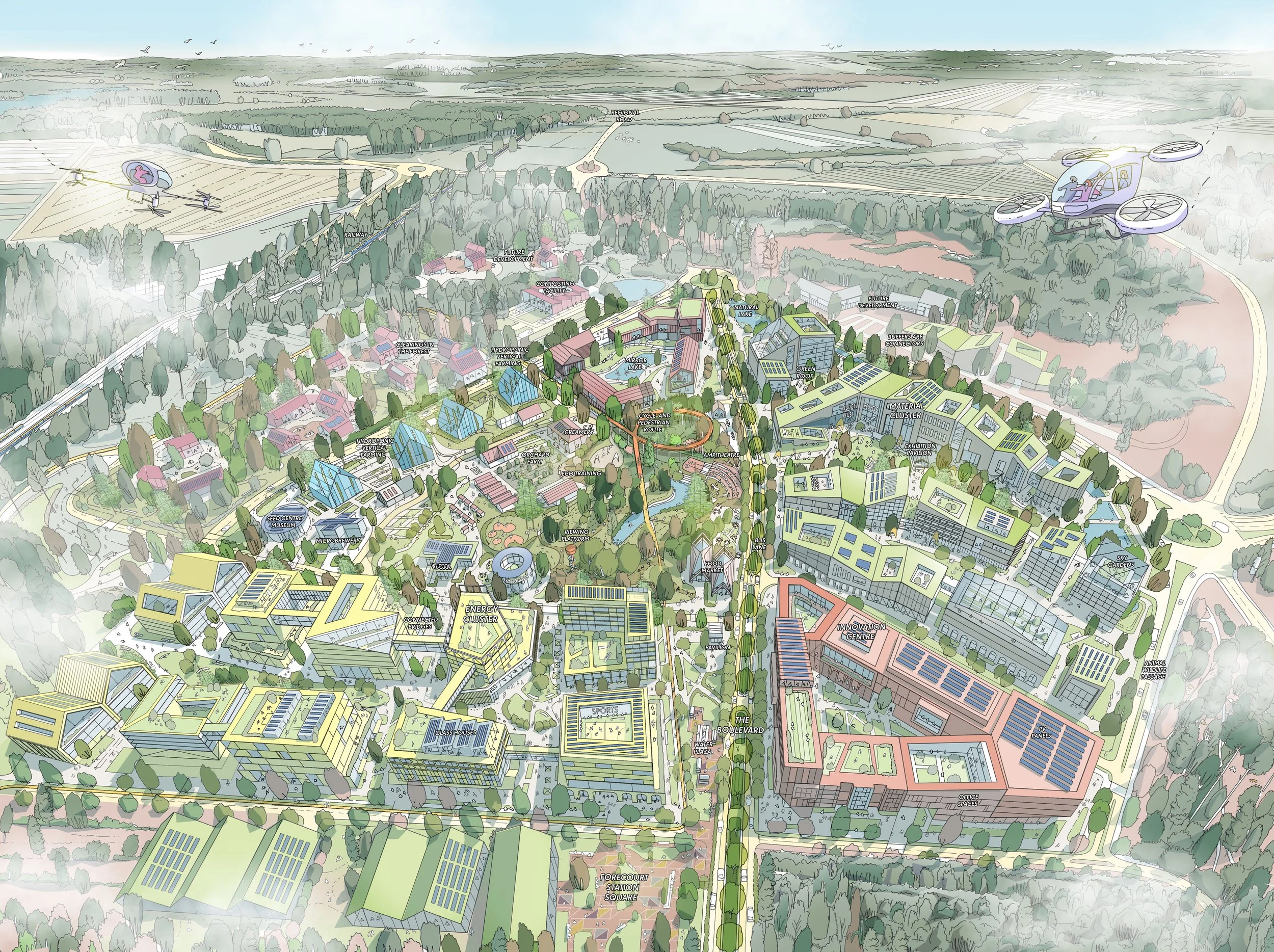A detailed illustration of an urban development with trees, buildings, green spaces, and futuristic transportation such as flying drones and boats. The area includes areas marked for future development, a natural lake, and various sustainable infrast