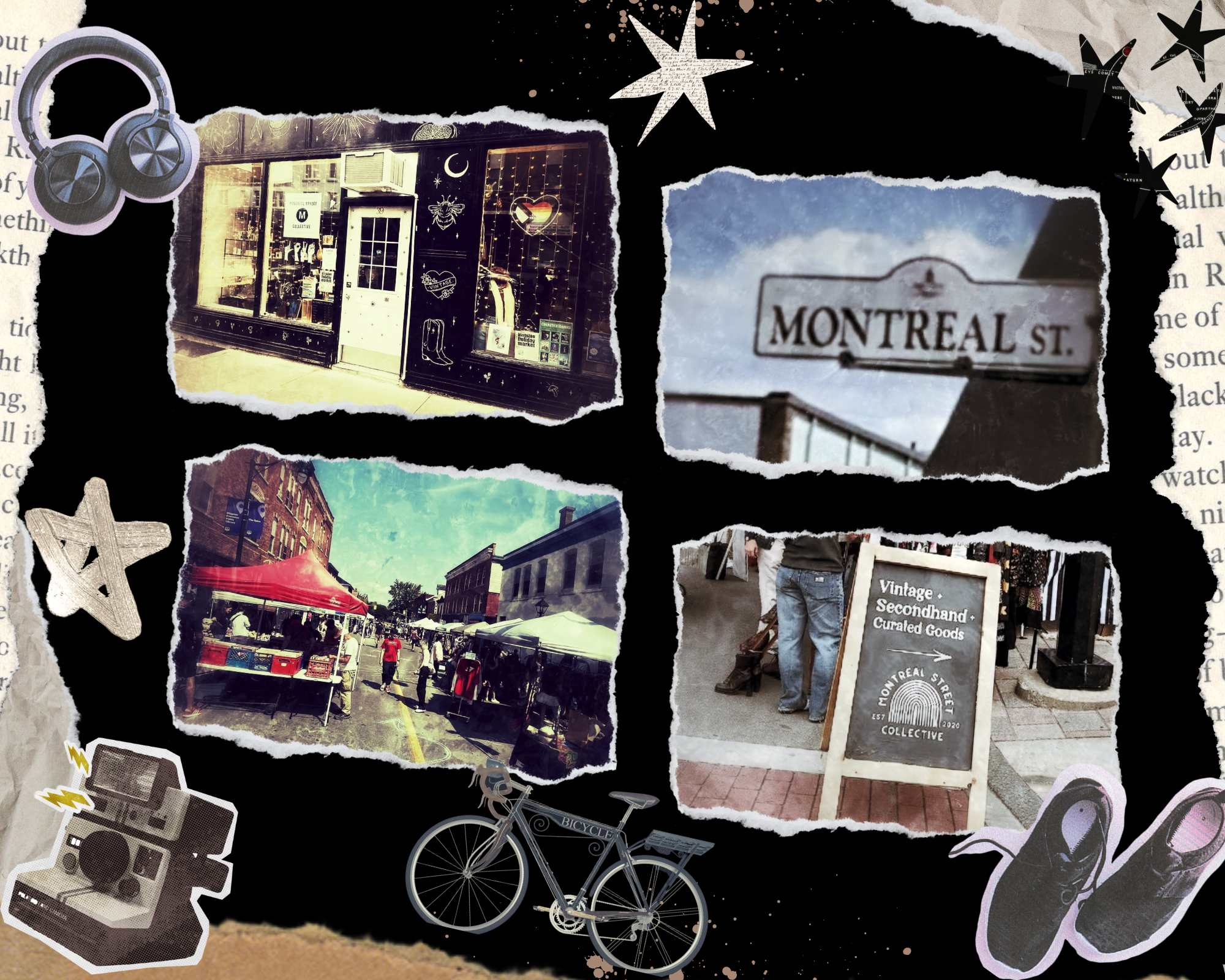 Vintage-inspired collage of Montreal St. Collective on Montreal Street in Kingston, Ontario, with storefront scenes, market views, and retro illustrations.