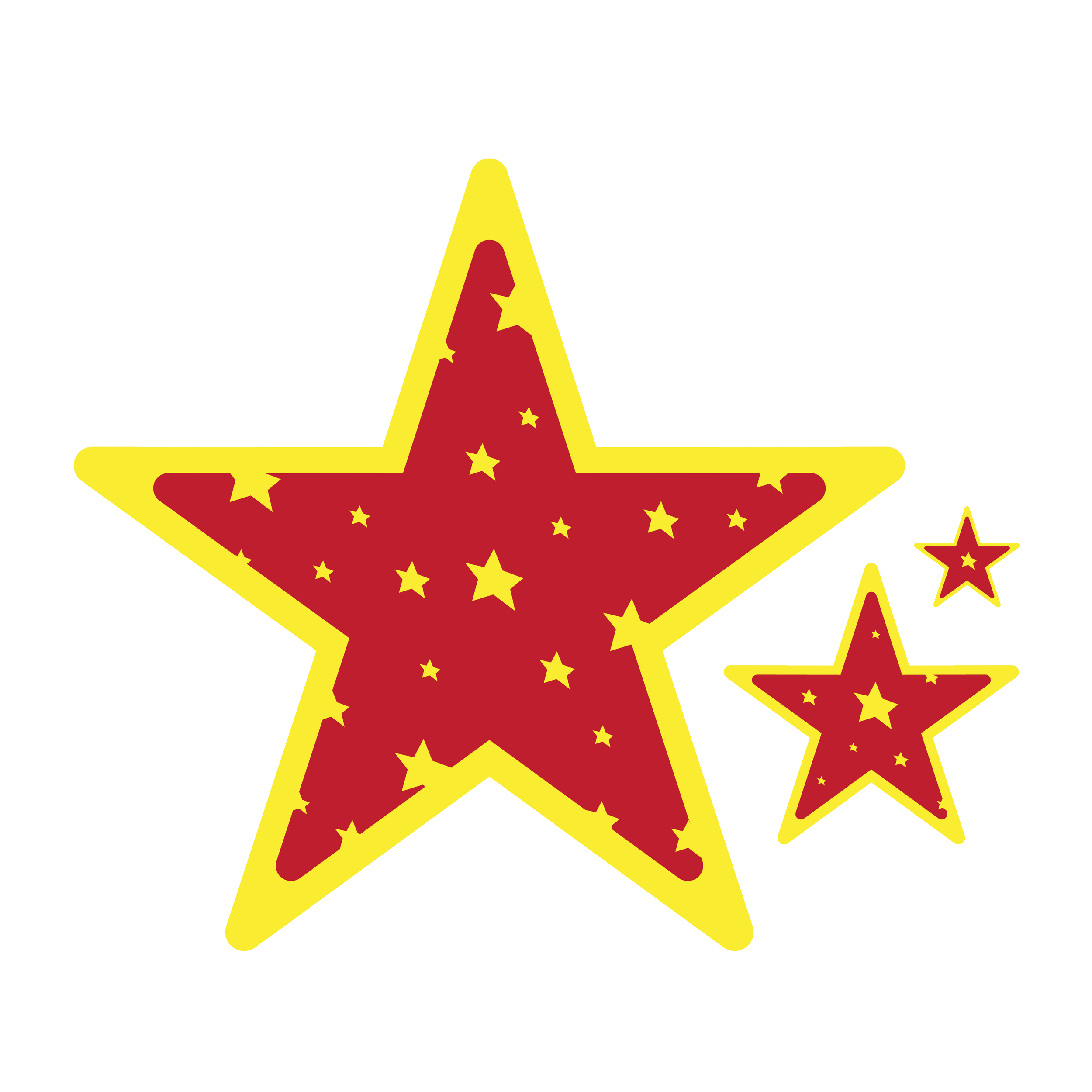 Design of five red stars with yellow outlines and dotted with yellow smaller stars on a black background.