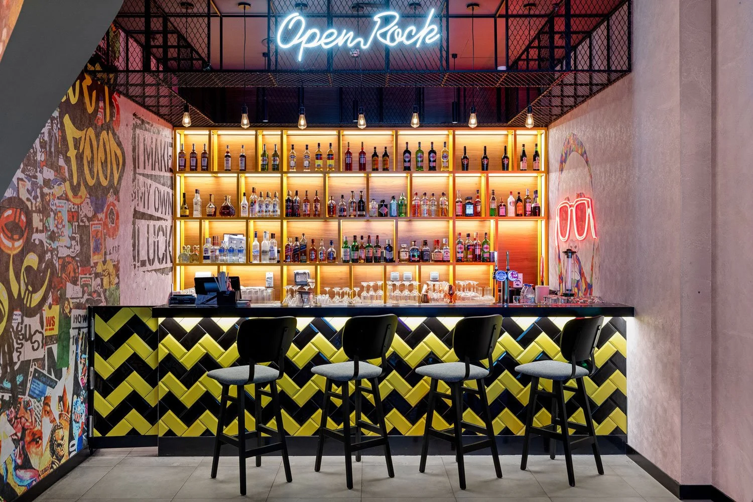 Bar interior photography with colorful lighting and modern design concept