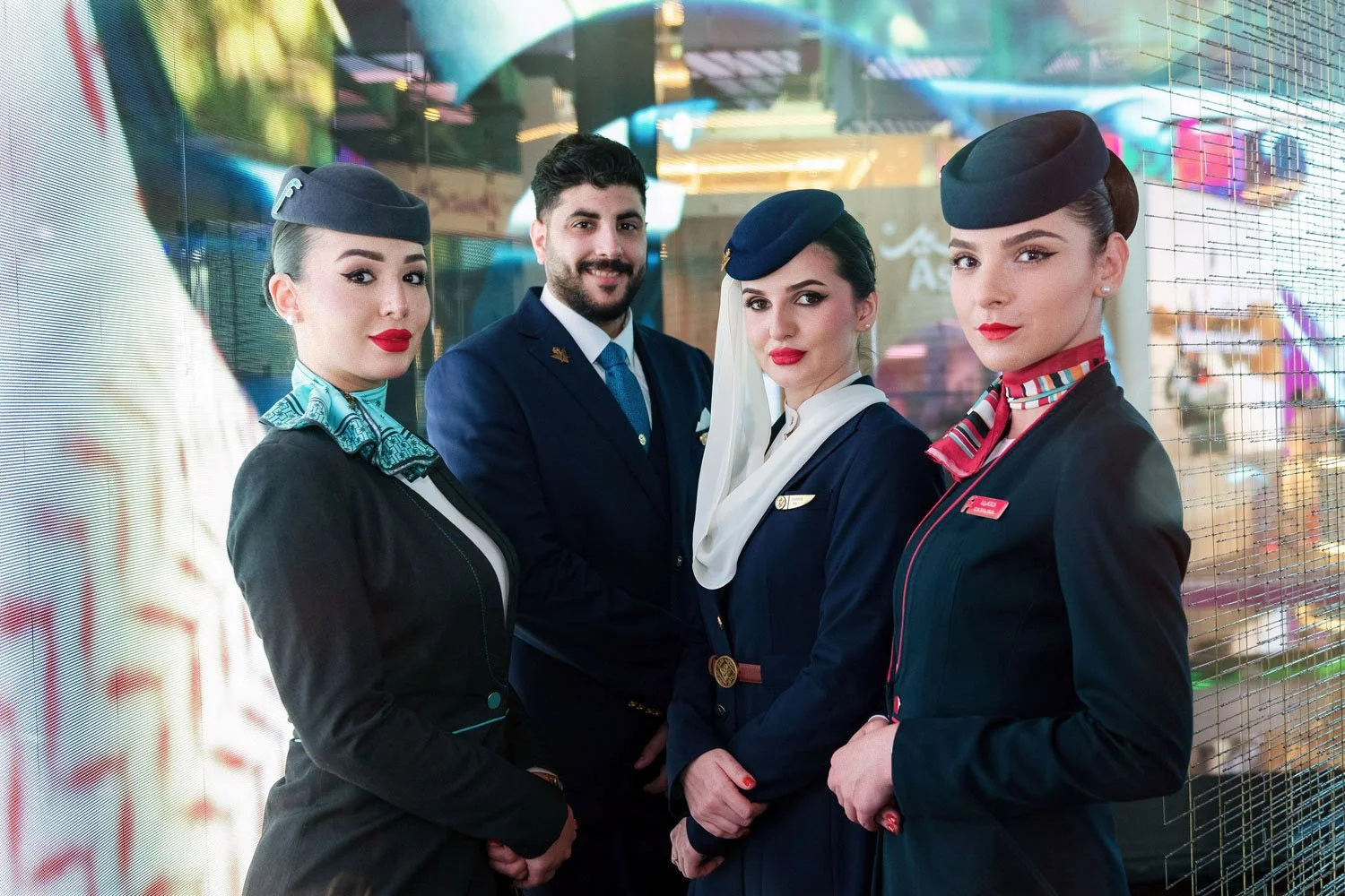 Airline cabin crew team portrait photographed during a brand activation event.