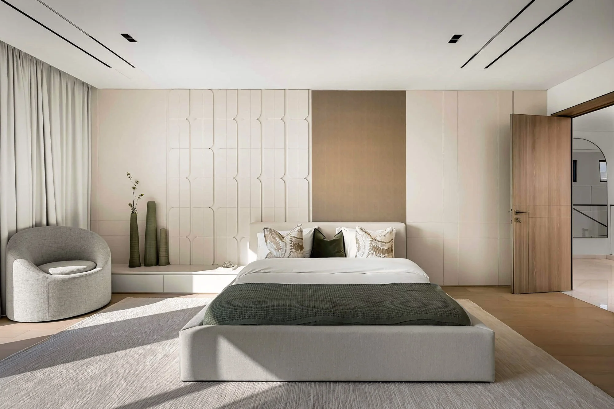 Luxury bedroom interior photography with balcony view and neutral tones