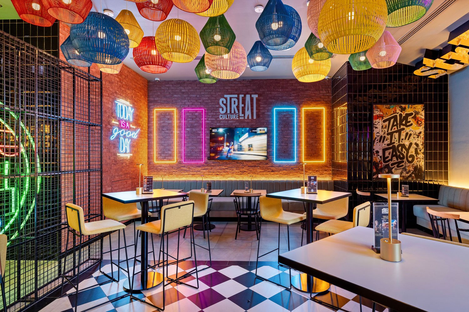 Restaurant interior photography in Dubai with warm lighting and contemporary design