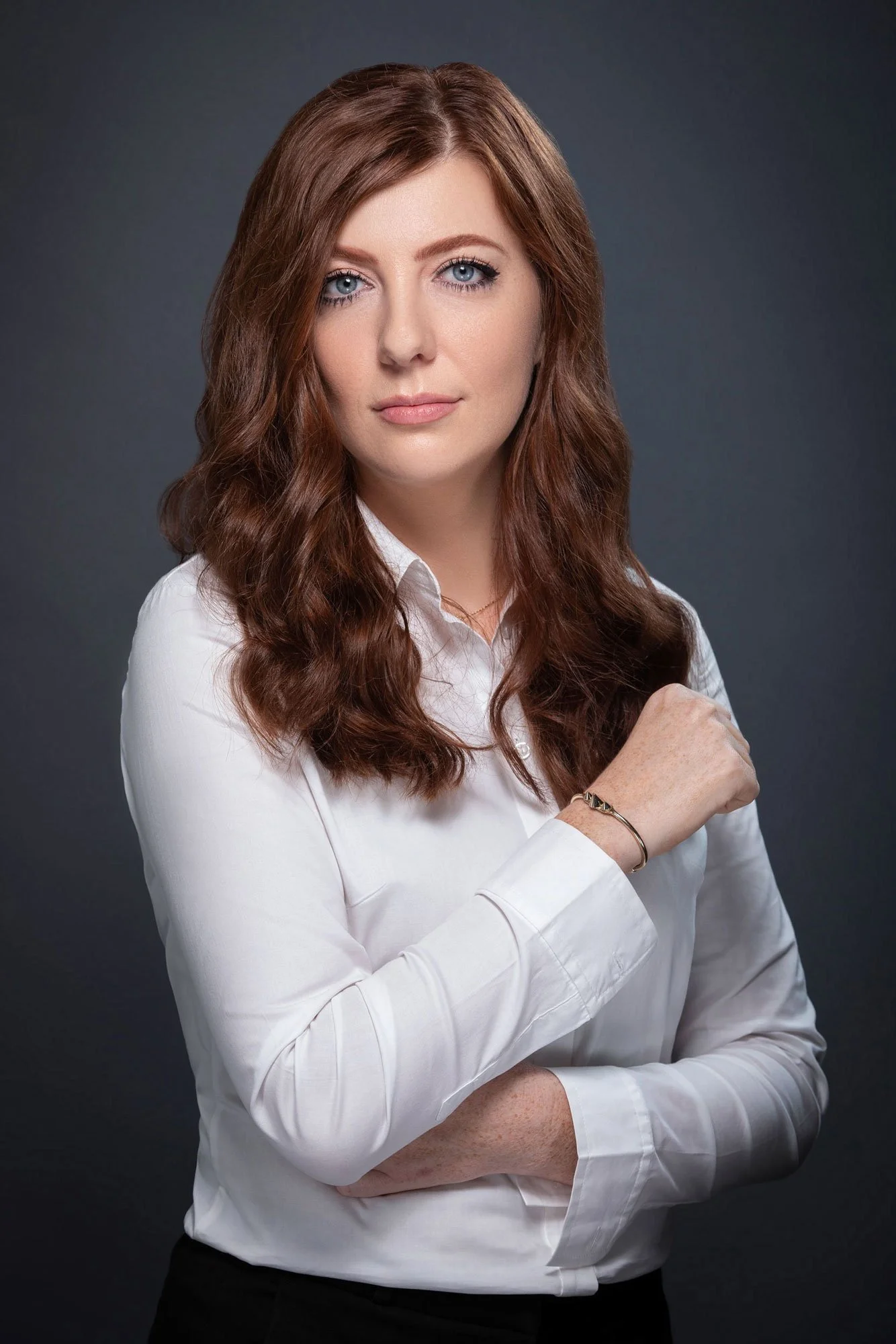 Studio portrait of woman photographed with soft lighting for editorial and personal branding photography in Dubai.
