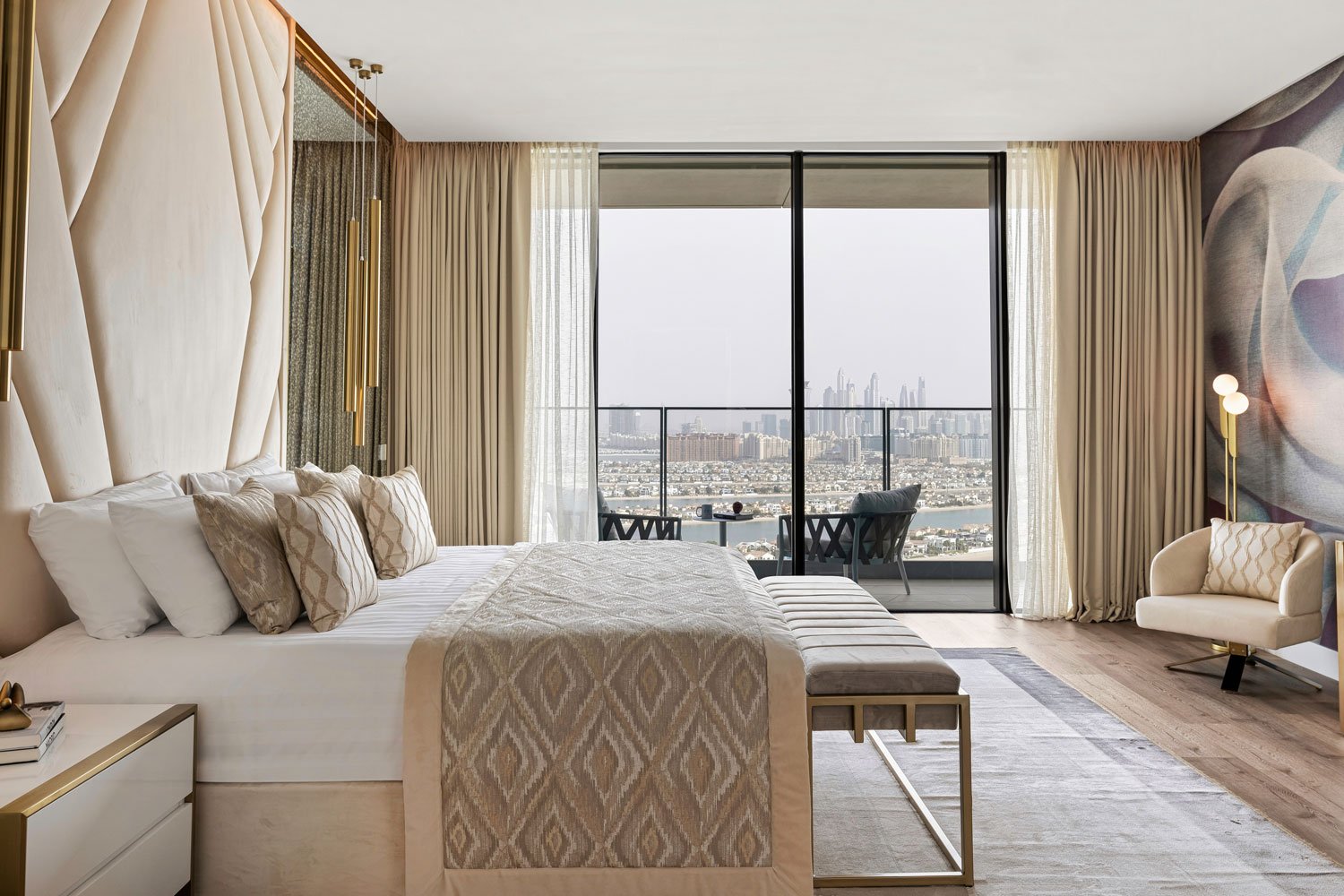 Luxury bedroom interior photography with balcony view and neutral tones
