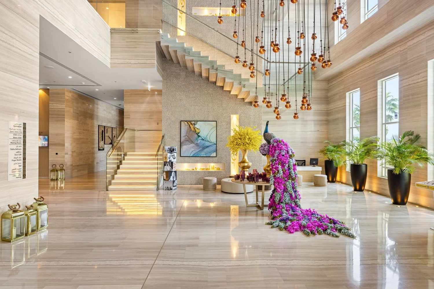 Luxury lounge interior photography with ambient lighting and rich materials