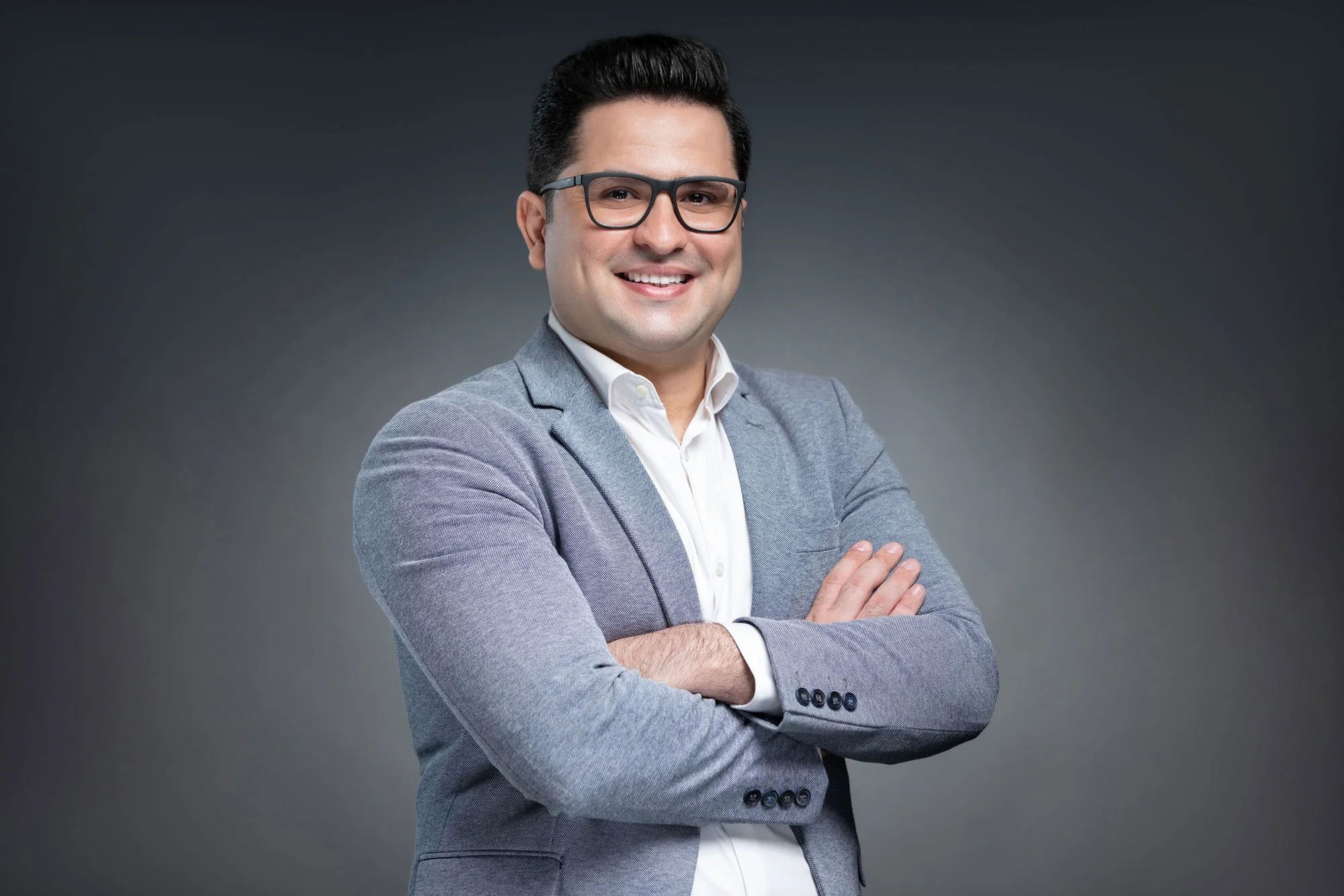 Headshots of entrepreneur photographed in Dubai studio.