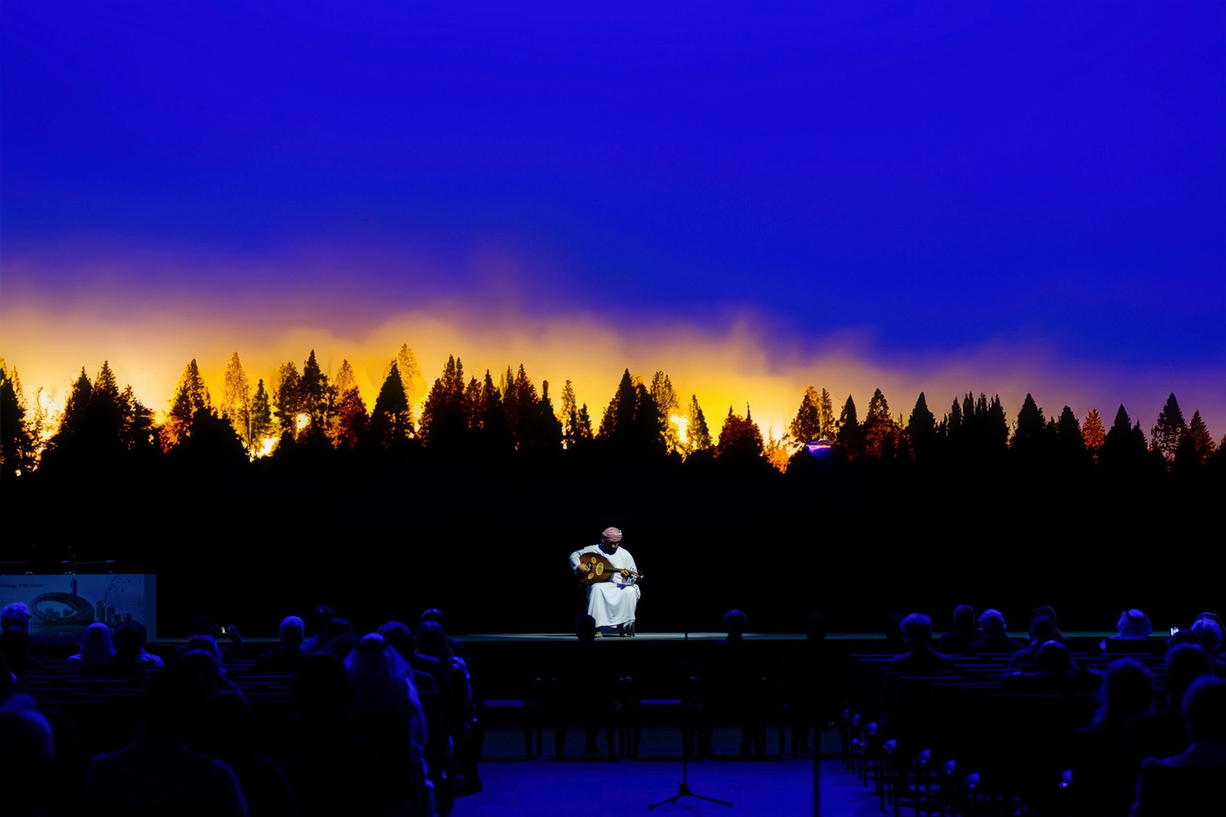 A musician in traditional attire playing guitar on stage during a performance, with an audience seated in front of him and a backdrop of trees illuminated by yellow and purple lights.