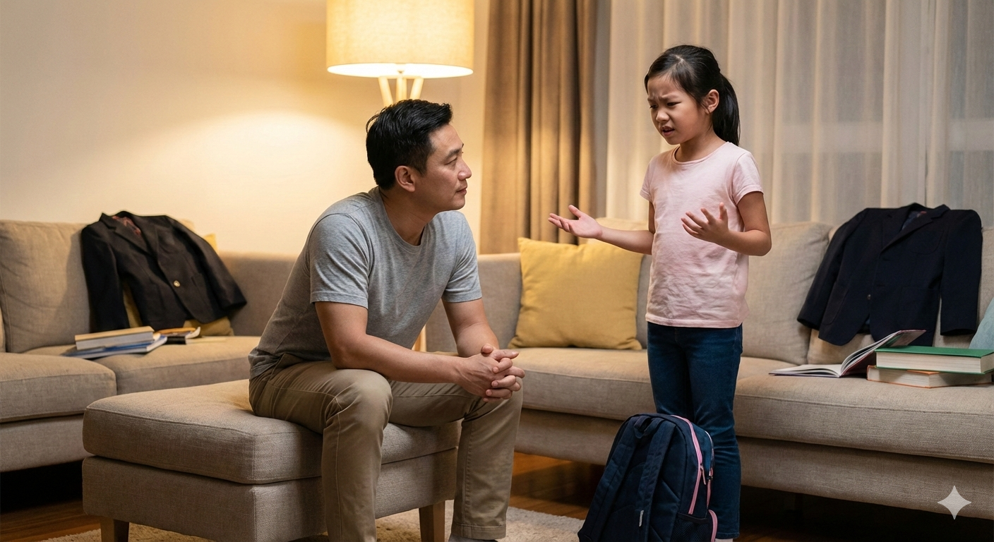 Father sitting on sofa in living room listening to his daughter talk about a problem she's having.