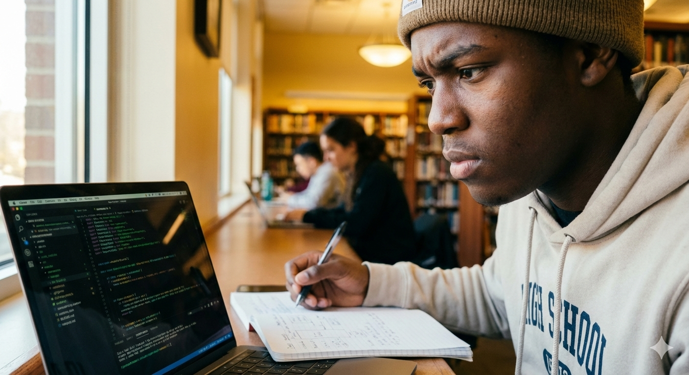 Male high school student working with great focus in the library.