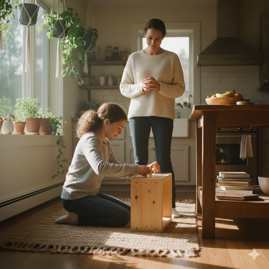 Girl on living room floor crafting a wooden object with mom looking on.