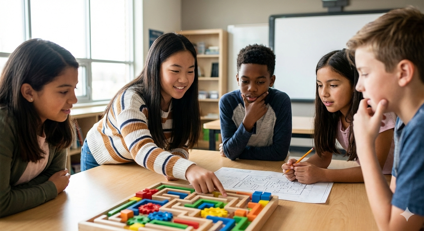 Middle school students working together to solve a maze.