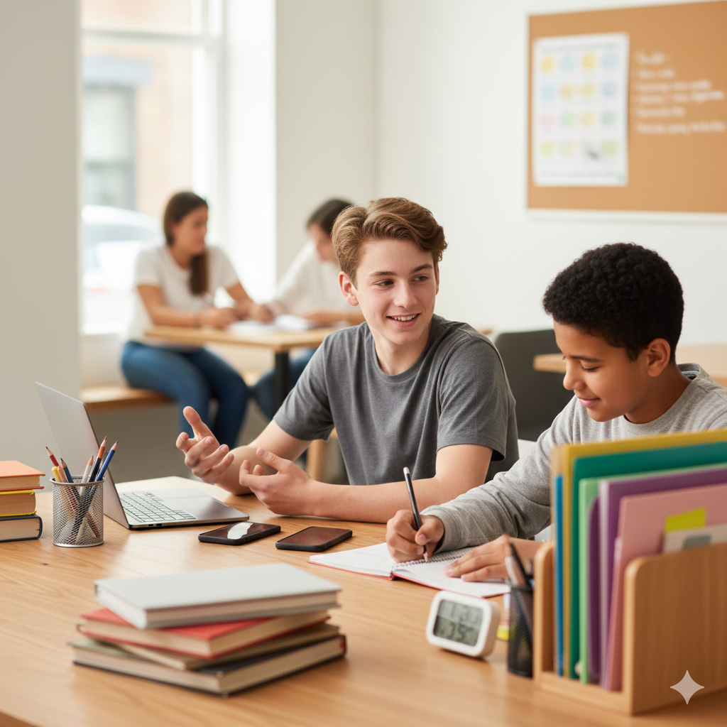 Two students at a table talking. One has a laptop open and the other is writing with pen and paper.