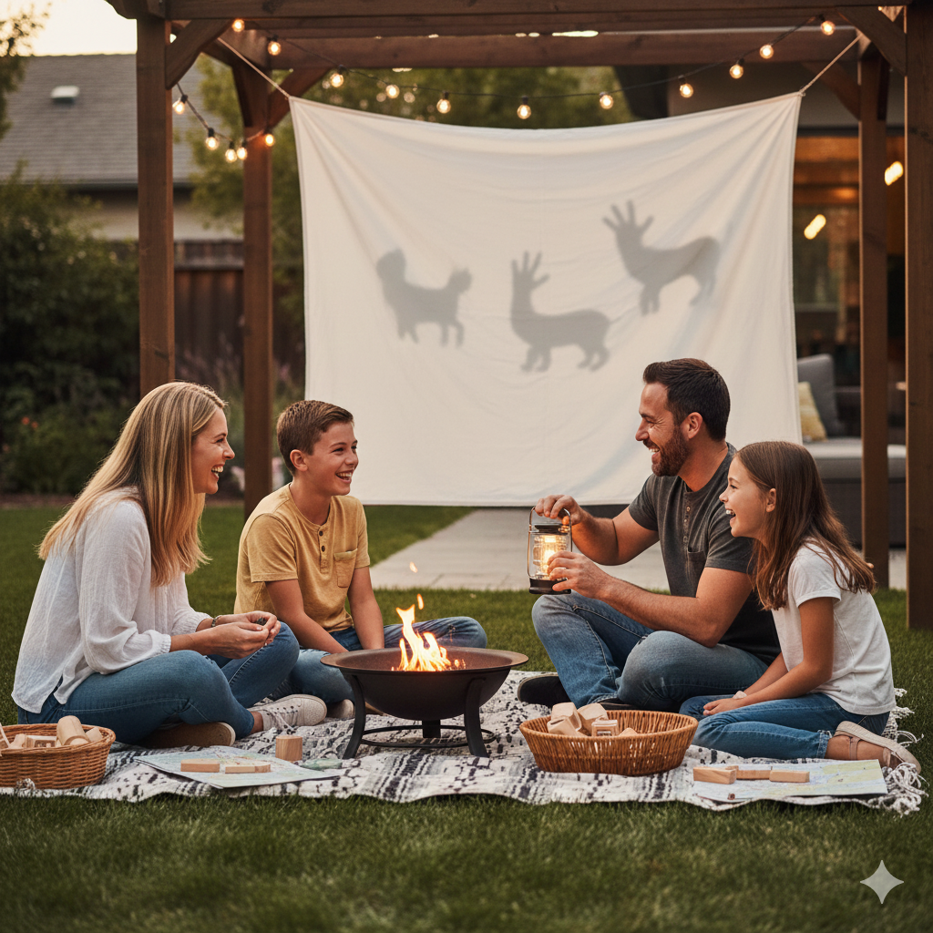 Family of four having a backyard picnic with a small fire.