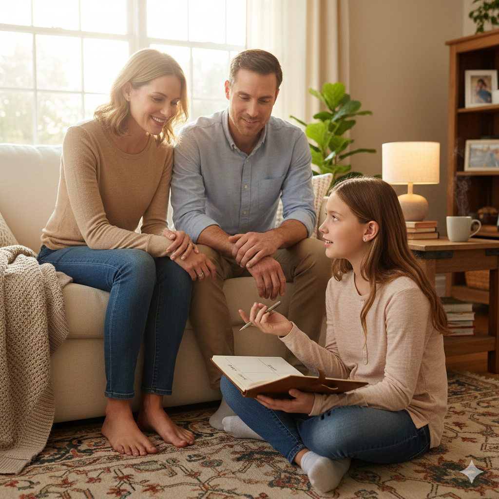Parents sitting on sofa with daughter on the floor, discussing daily routines.