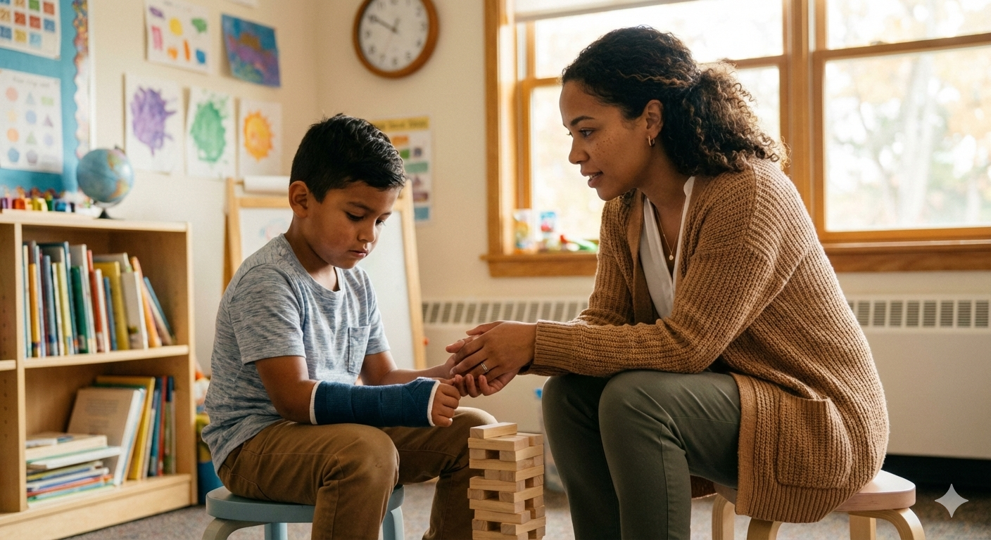 Teacher comforting a student inside the classroom
