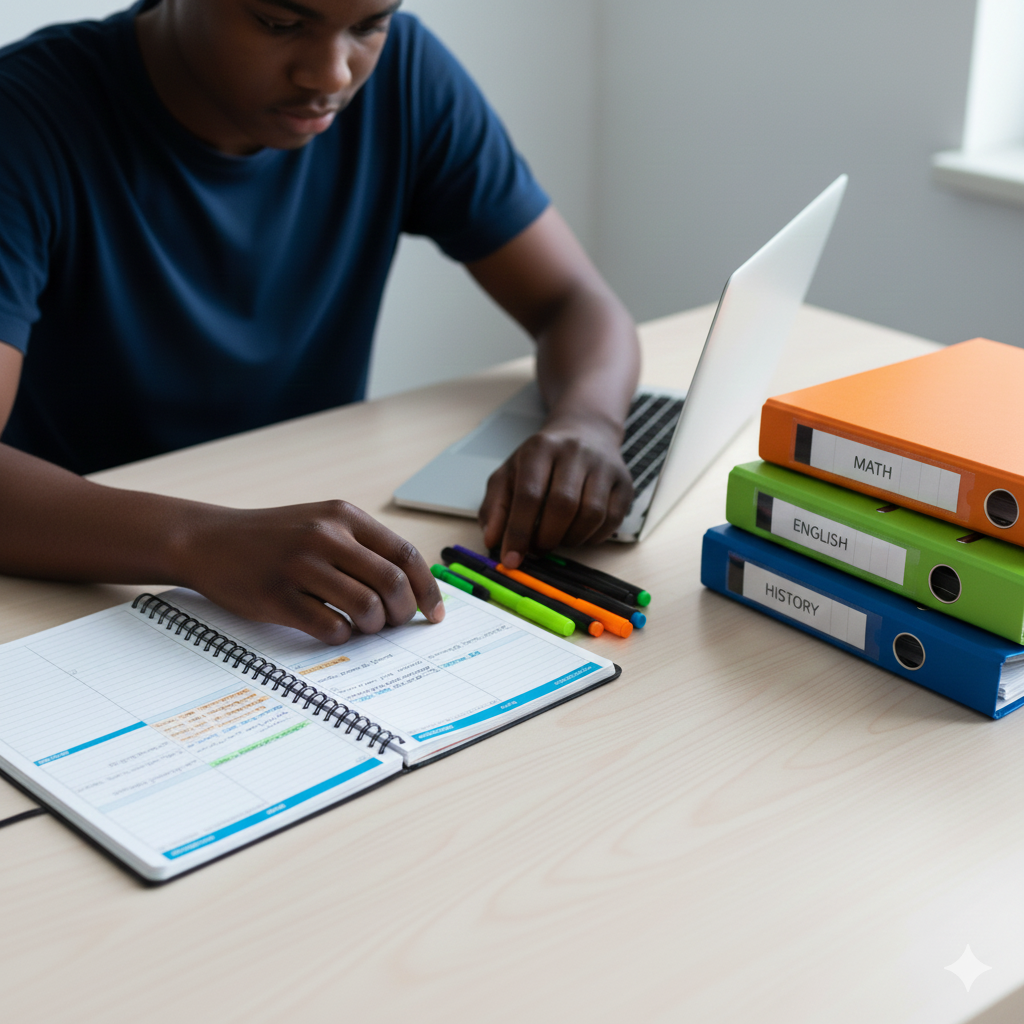 A teenager sitting at a desk with a planner open and class binders stacked next to a laptop.