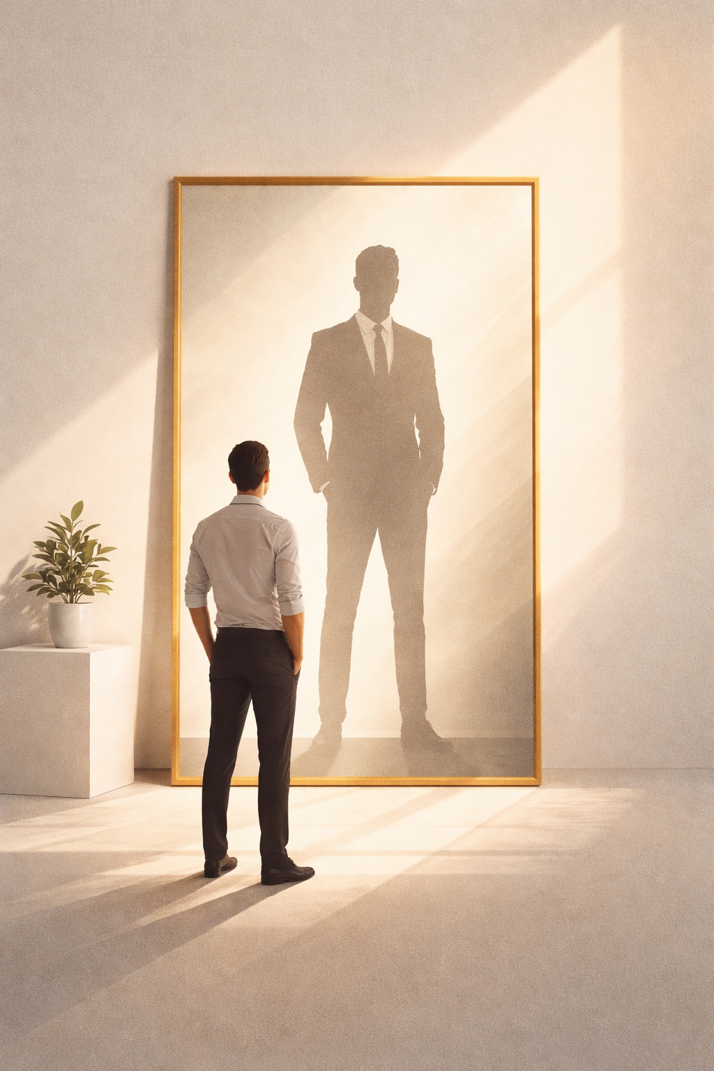 A man standing and looking at a large framed silhouette portrait of another man in a suit on a wall. The room is well-lit with sunlight and has a white wall and a potted plant on a white stand.