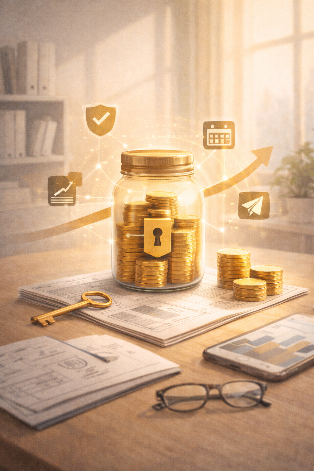 A jar of stacked gold coins on top of financial documents on a desk, with a key, a smartphone displaying charts, and minimalistic digital icons representing security, growth, calendar, and communication around it.