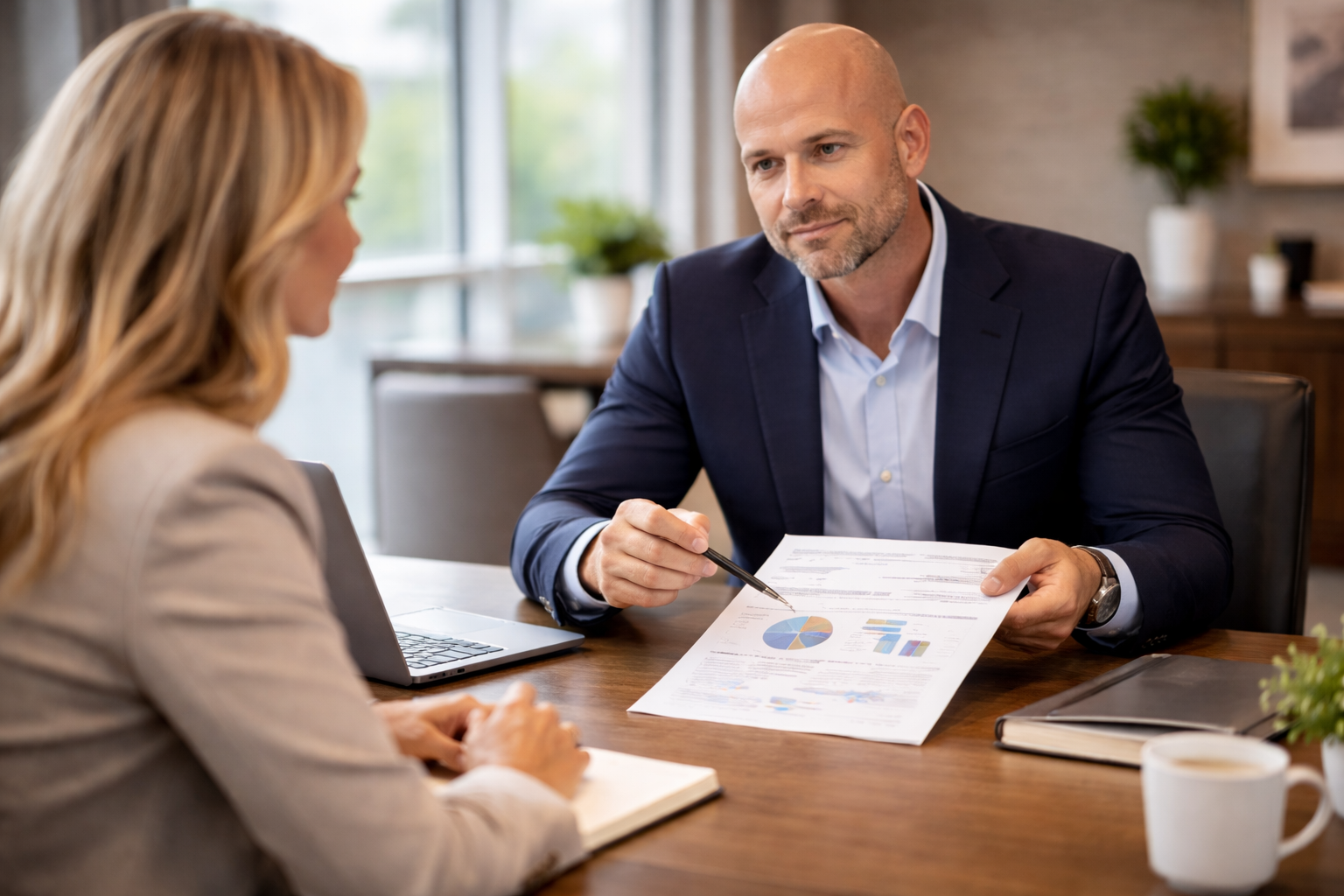 Business man explaining financial charts to a woman in a professional meeting
