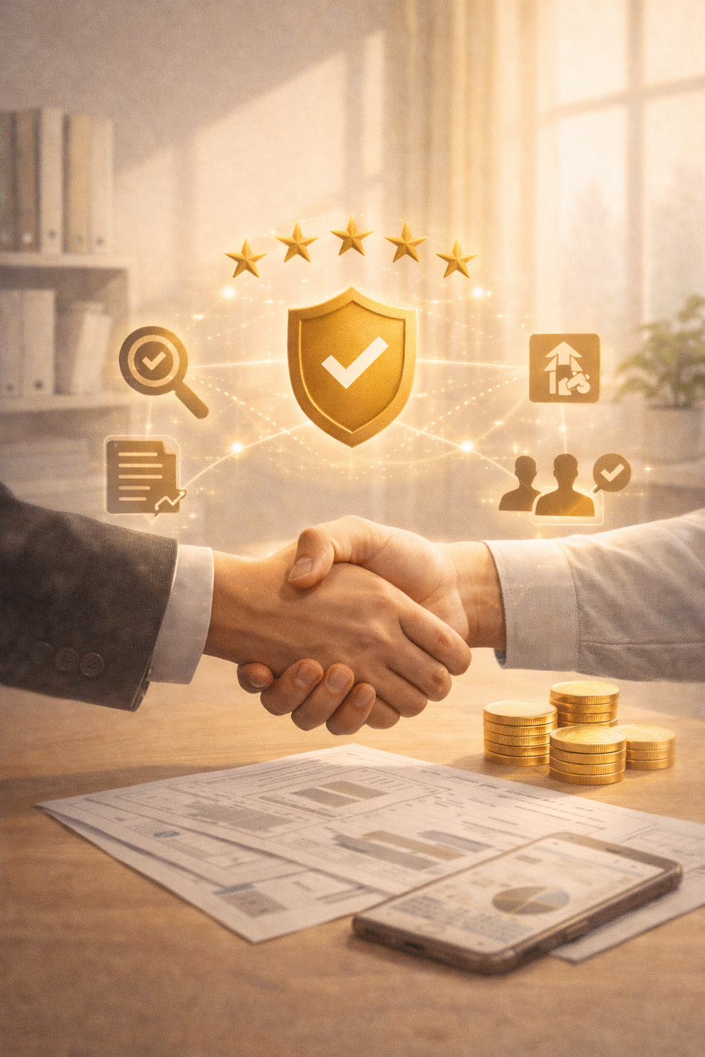 Two people shaking hands with financial documents and coins on the table, overlaid with icons representing security, analysis, and approval, indicating a business agreement or deal.