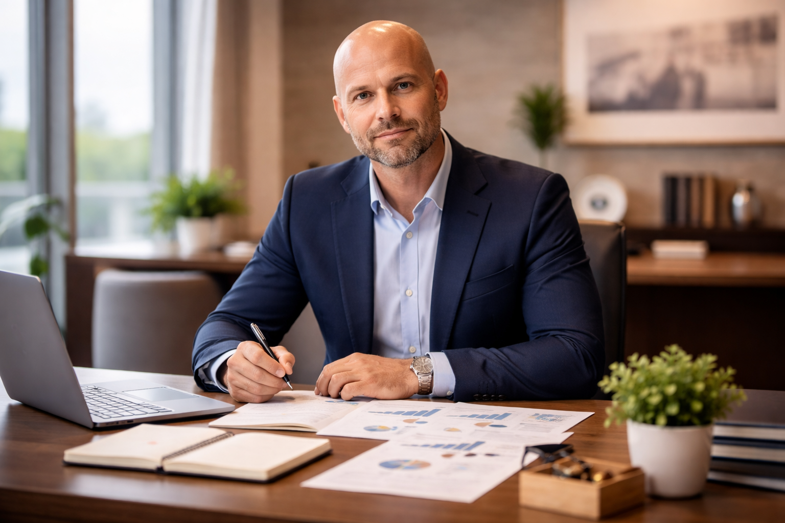 A professional man in a navy suit sitting at a desk with documents, a laptop, and a notebook, smiling in a modern office setting.