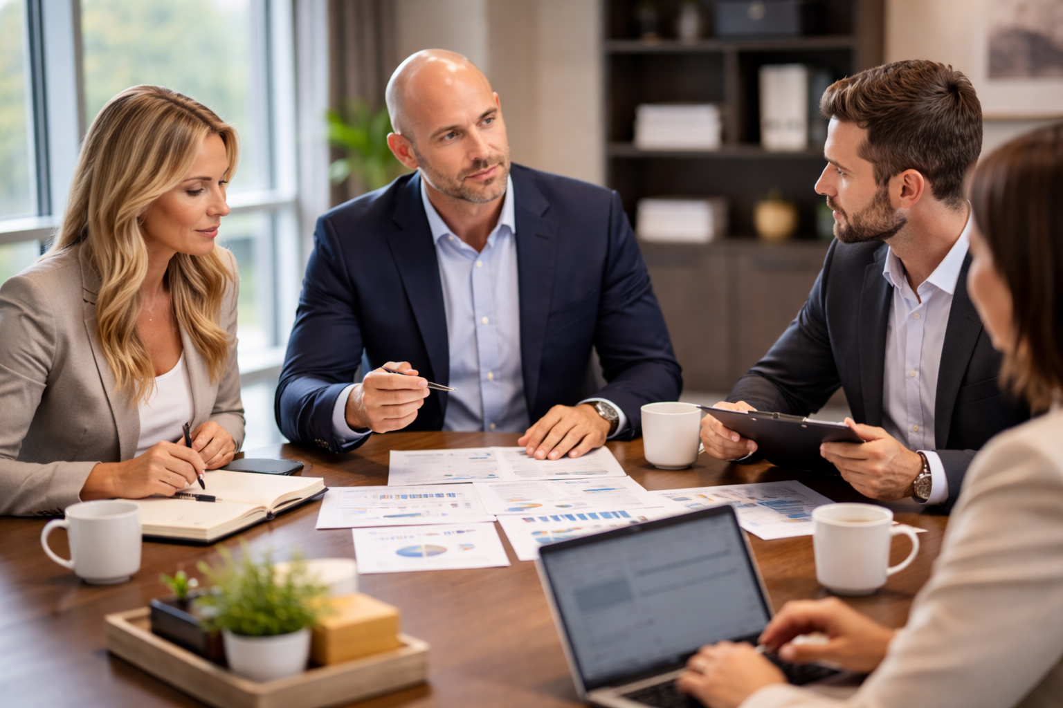 Business meeting with five people, two women and three men, sitting around a table with papers, notebooks, and coffee mugs, in a well-lit office with large windows.