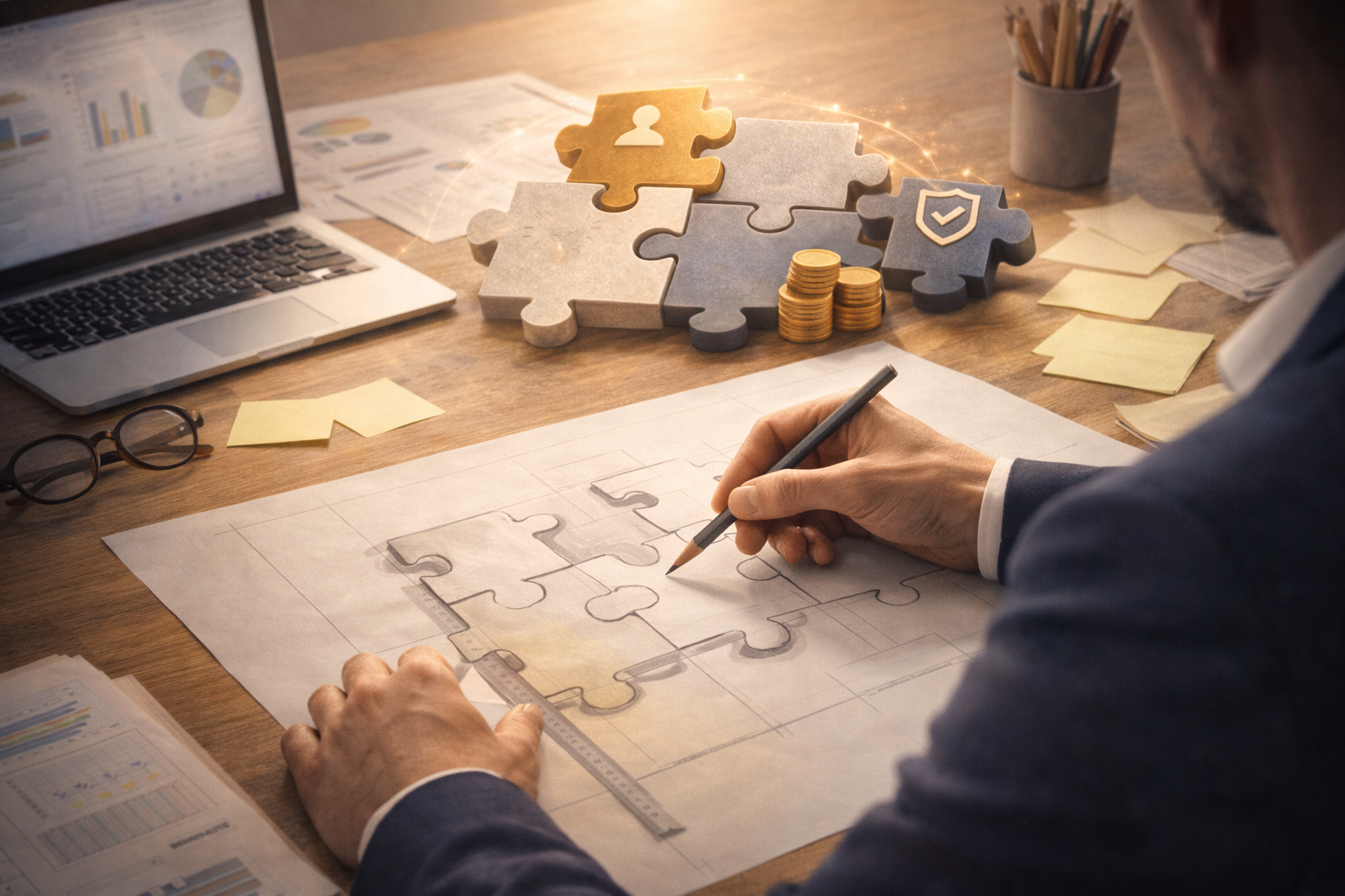 Businessperson working on puzzle pieces drawn on blueprint at desk with laptop, stacks of coins, sticky notes, and documents.