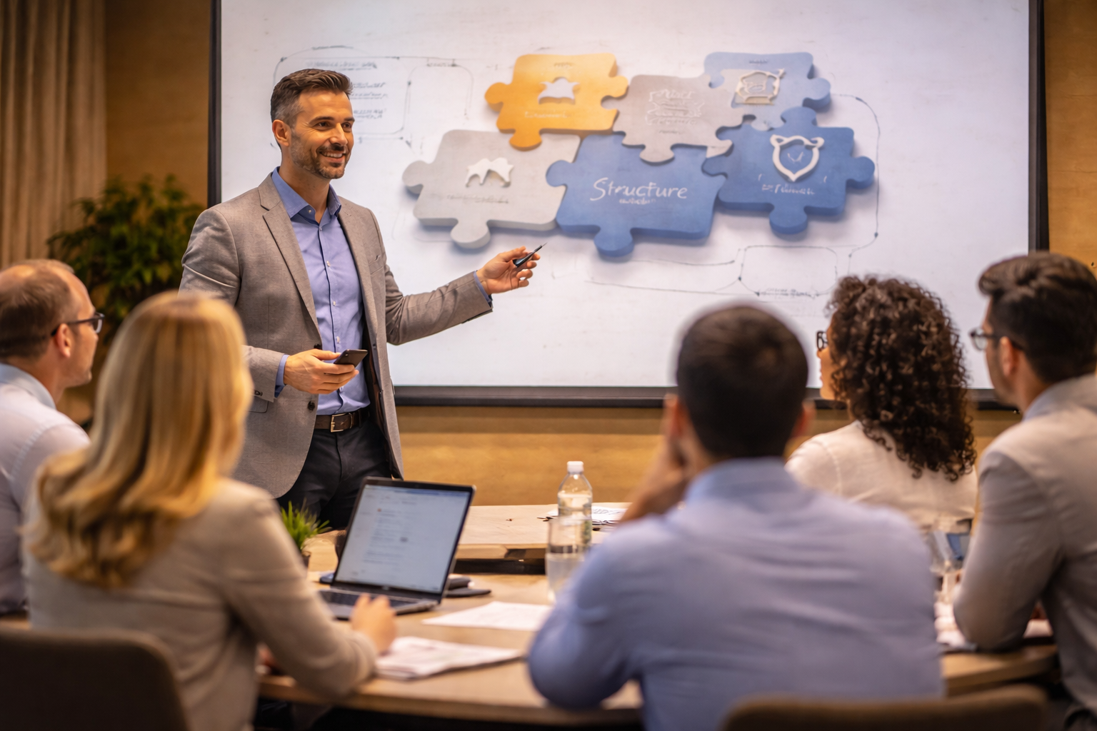 A man in a gray suit is giving a presentation to a group of professionals sitting around a conference table, with a whiteboard behind him displaying puzzle pieces related to structure.