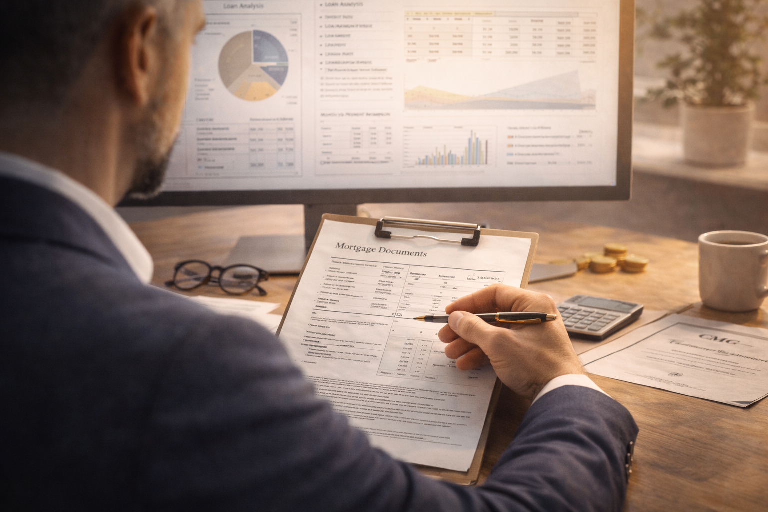 A person in a business suit holds a pen and reviews mortgage documents on a clipboard at a desk. In the background, a computer monitor displays financial charts and graphs, with a cup of coffee, a calculator, glasses, and some coins on the desk.
