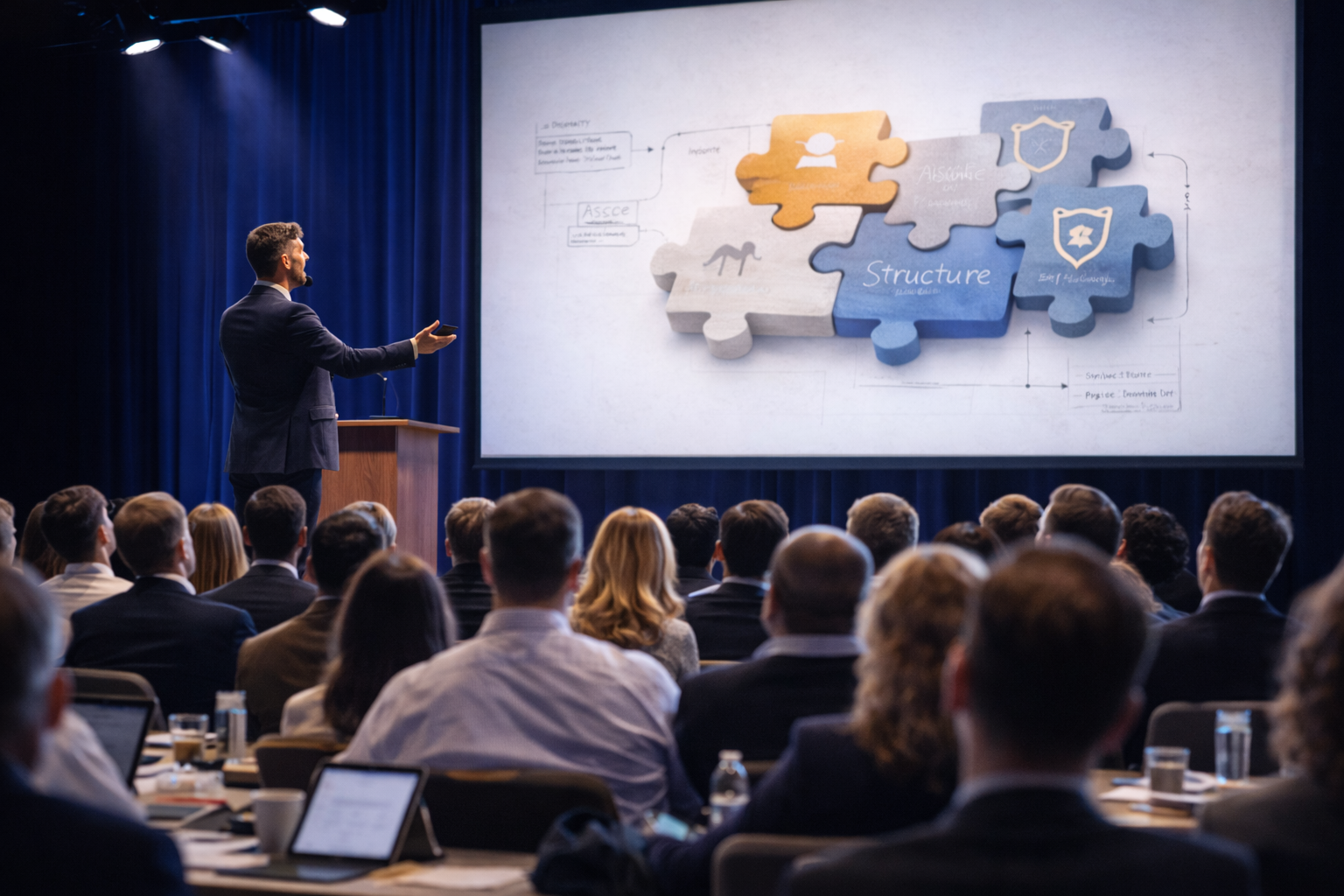 A man in a suit giving a presentation to an audience seated at tables, with a large screen displaying a diagram of puzzle pieces with words and icons.
