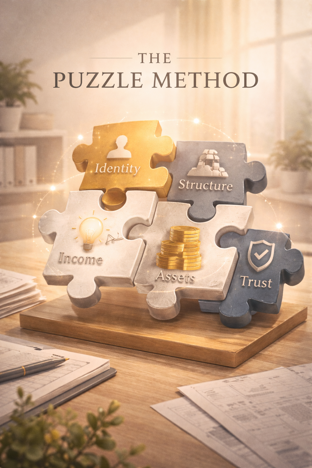 Puzzle pieces labeled 'Identity,' 'Structure,' 'Income,' 'Assets,' and 'Trust' arranged on a wooden surface with a small stack of papers, pen, and a potted plant in the background, representing the 'Puzzle Method' of financial planning.