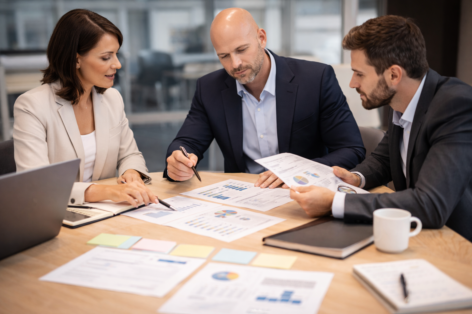 Three business professionals, two men and one woman, sitting at a conference table reviewing financial reports and charts in a modern office.