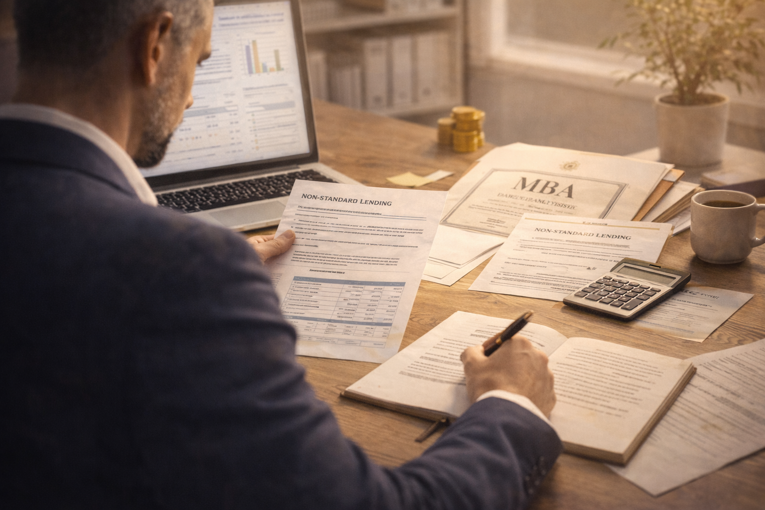 Man in business suit reviewing documents on a cluttered desk, with a laptop, calculator, coffee mug, and a potted plant.