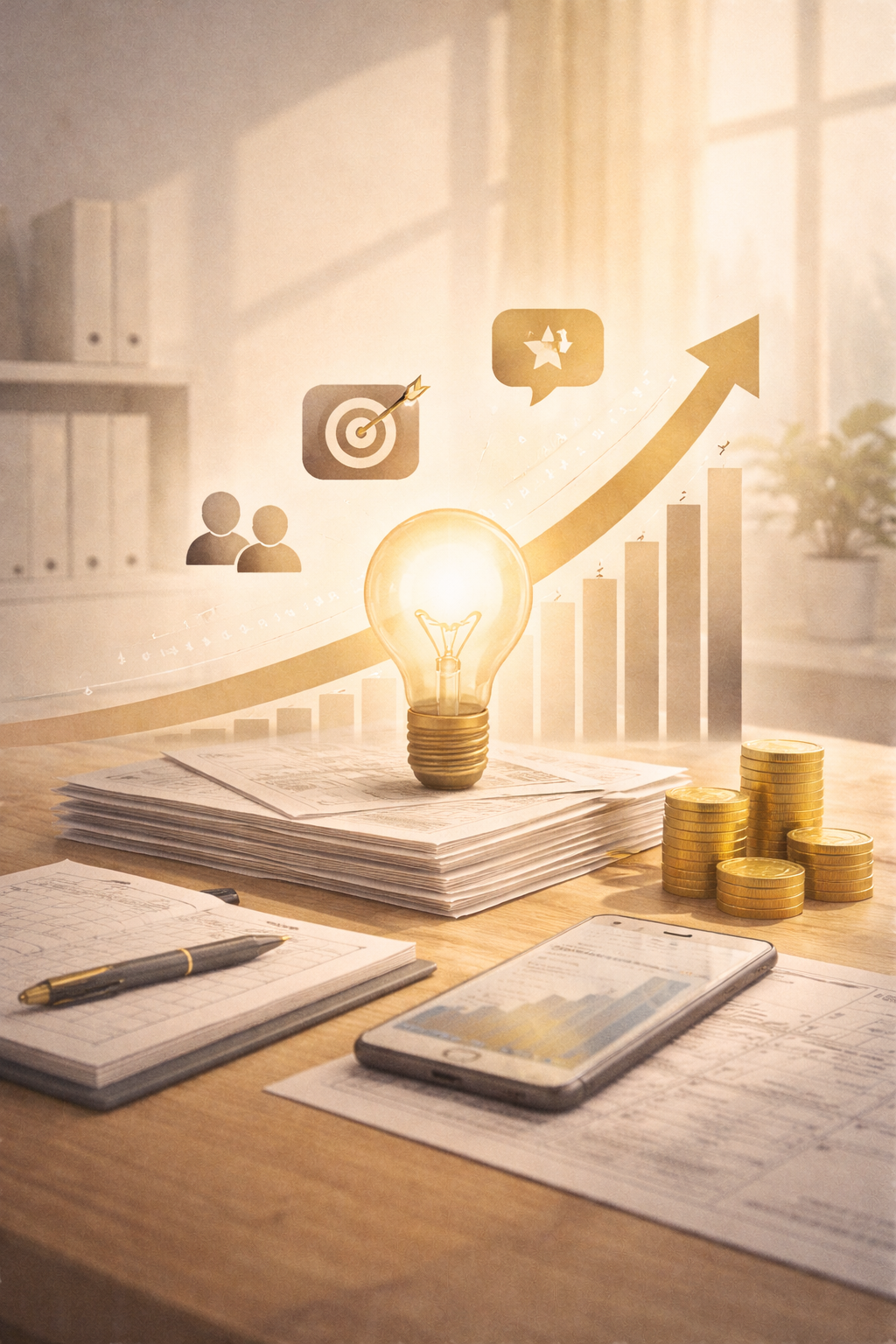A workspace with a lightbulb, stacks of papers, a pen, a smartphone, and coins, with overlaid graphics of increasing bar charts, a target with an arrow, a group of people, and growth arrows.