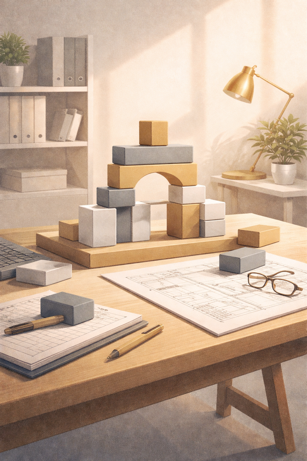 Office workspace with architectural blueprints, a wooden table with building blocks arranged in a structure, a pair of glasses, papers, pens, a gold desk lamp, and a potted plant in the background.