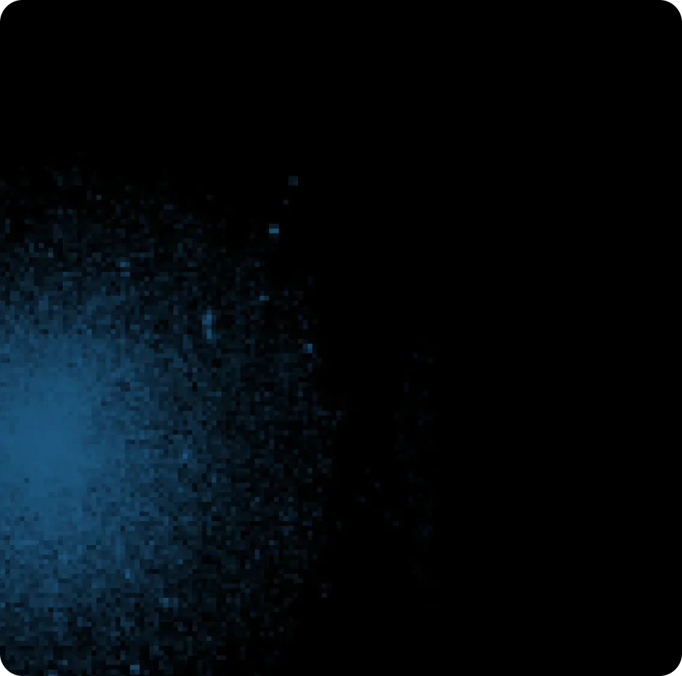 A digital image of blue particles dispersing into a black background.