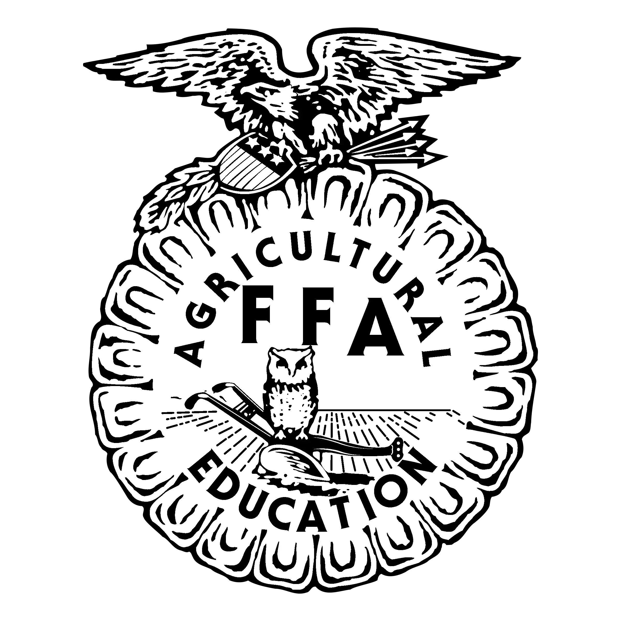 Emblem of the Agriculture Department, featuring an eagle, a shield, an owl, and a shovel with the text 'Agricultural Education' and 'FFA'.