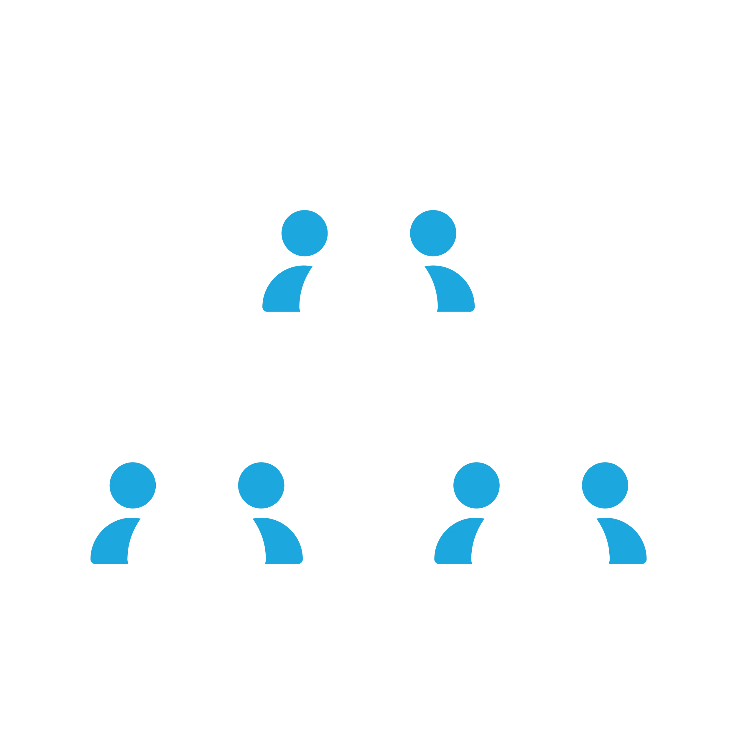 Flowchart with blue human icons connected by lines, illustrating social or communication connections.