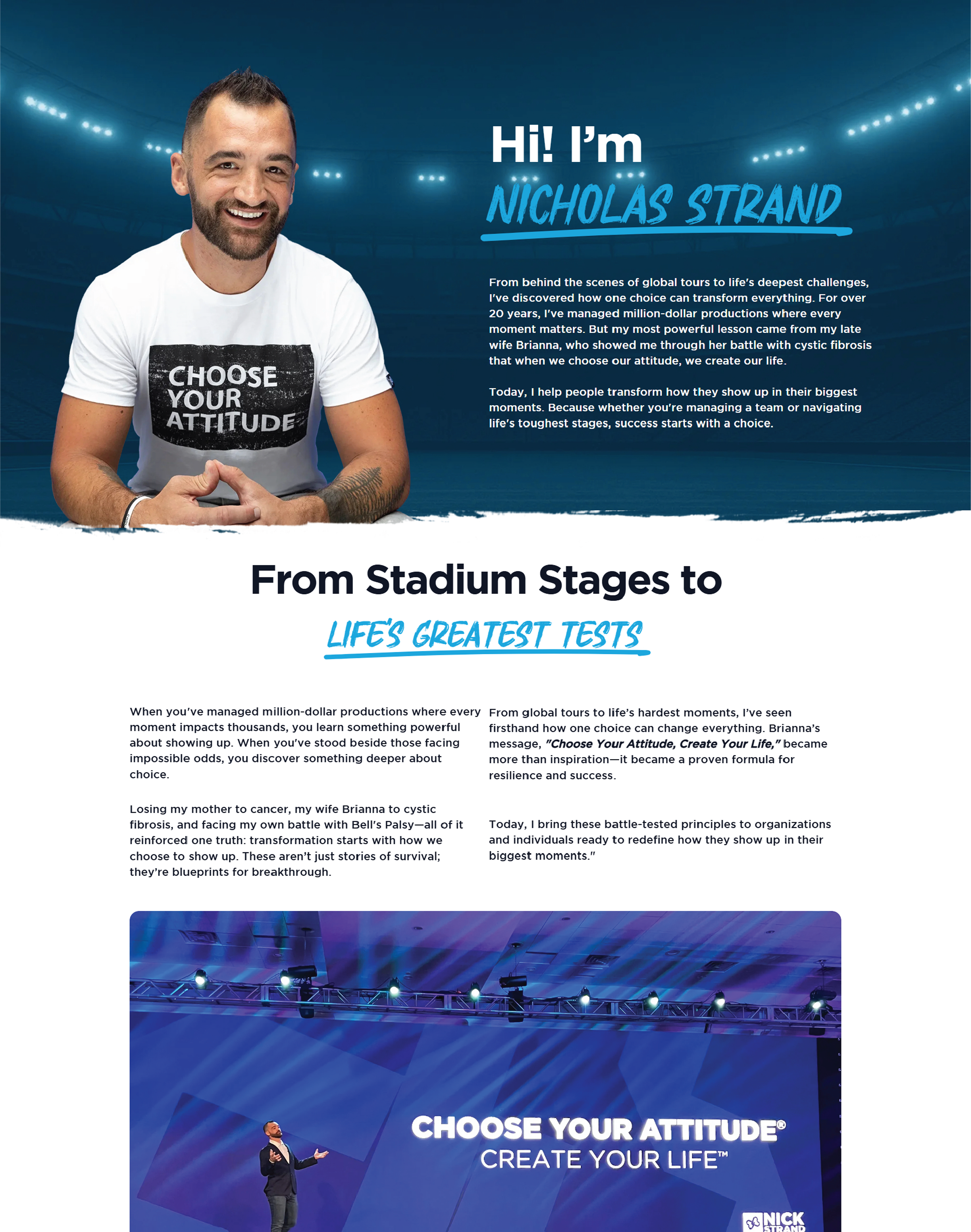 A promotional poster featuring a smiling man with a beard and short hair, wearing a white T-shirt with the words "Choose Your Attitude". The background has a dark teal gradient with string lights, and there is text introducing Nicholas Strand, discussing life’s challenges, resilience, and principles for success. At the bottom, there is an image of a stage with a person speaking in front of a large screen displaying the words "Choose Your Attitude" and "Create Your Life."