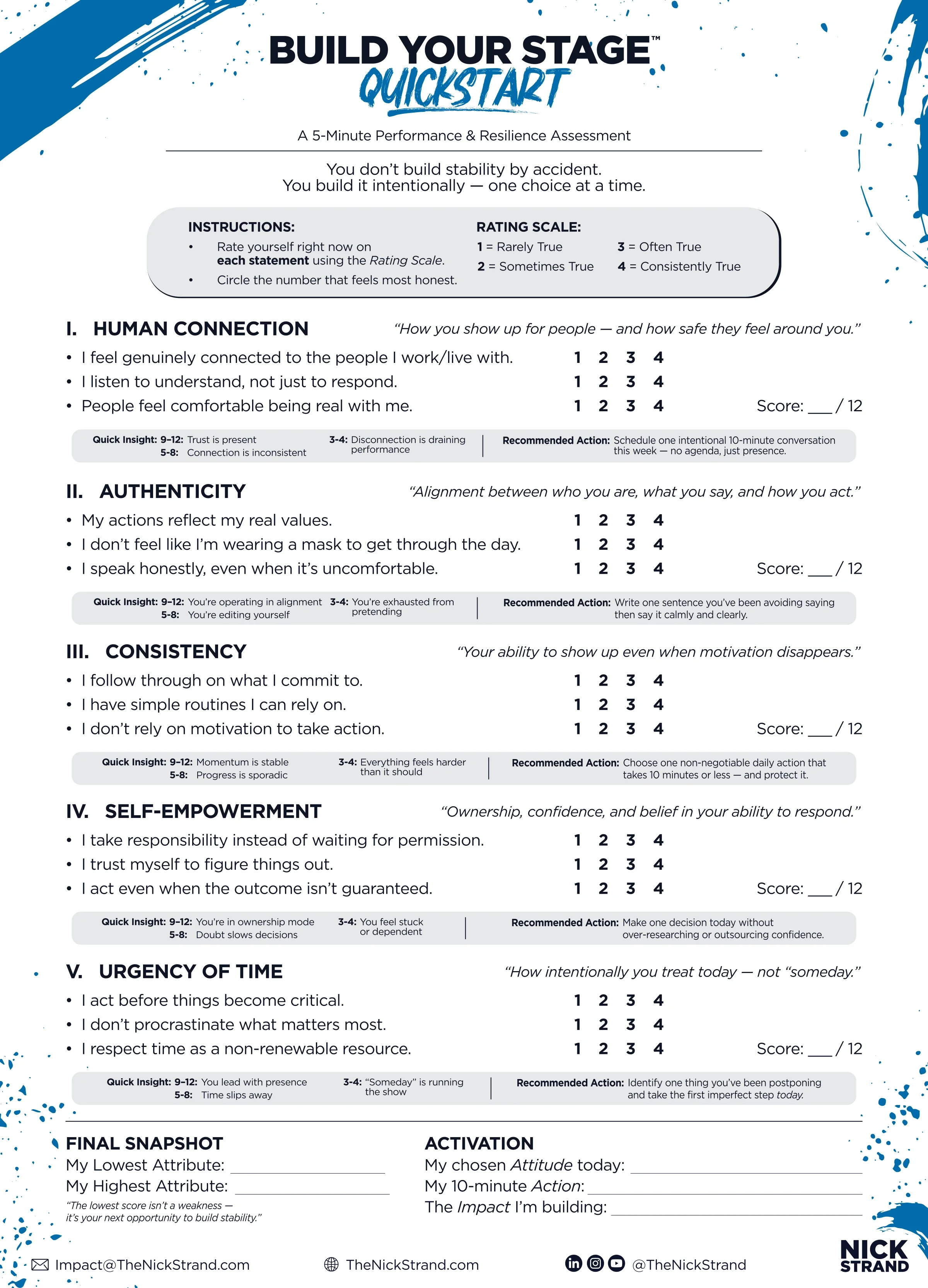 Build Your Stage Quickstart performance and resilience assessment form with five sections: Human Connection, Authenticity, Consistency, Self-Empowerment, and Urgency of Time, each with rating scales and prompts for scoring.