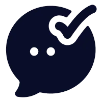A dark blue speech bubble with a check mark inside.