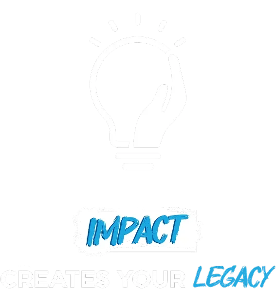 A lightbulb with a hand touching it, symbolizing a bright idea, above the word "IMPACT" in blue, and the phrase "Creates Your Legacy" in white and blue text.