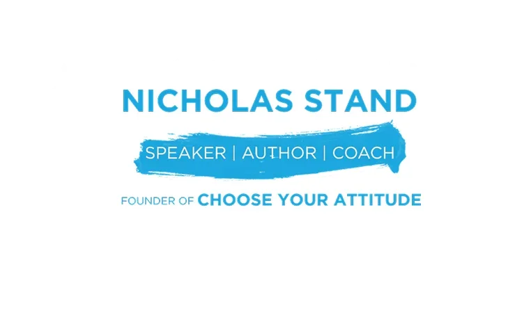 Business card for Nicholas Stand, a speaker, author, and coach, with a tagline 'Choose Your Attitude' in blue and black text.