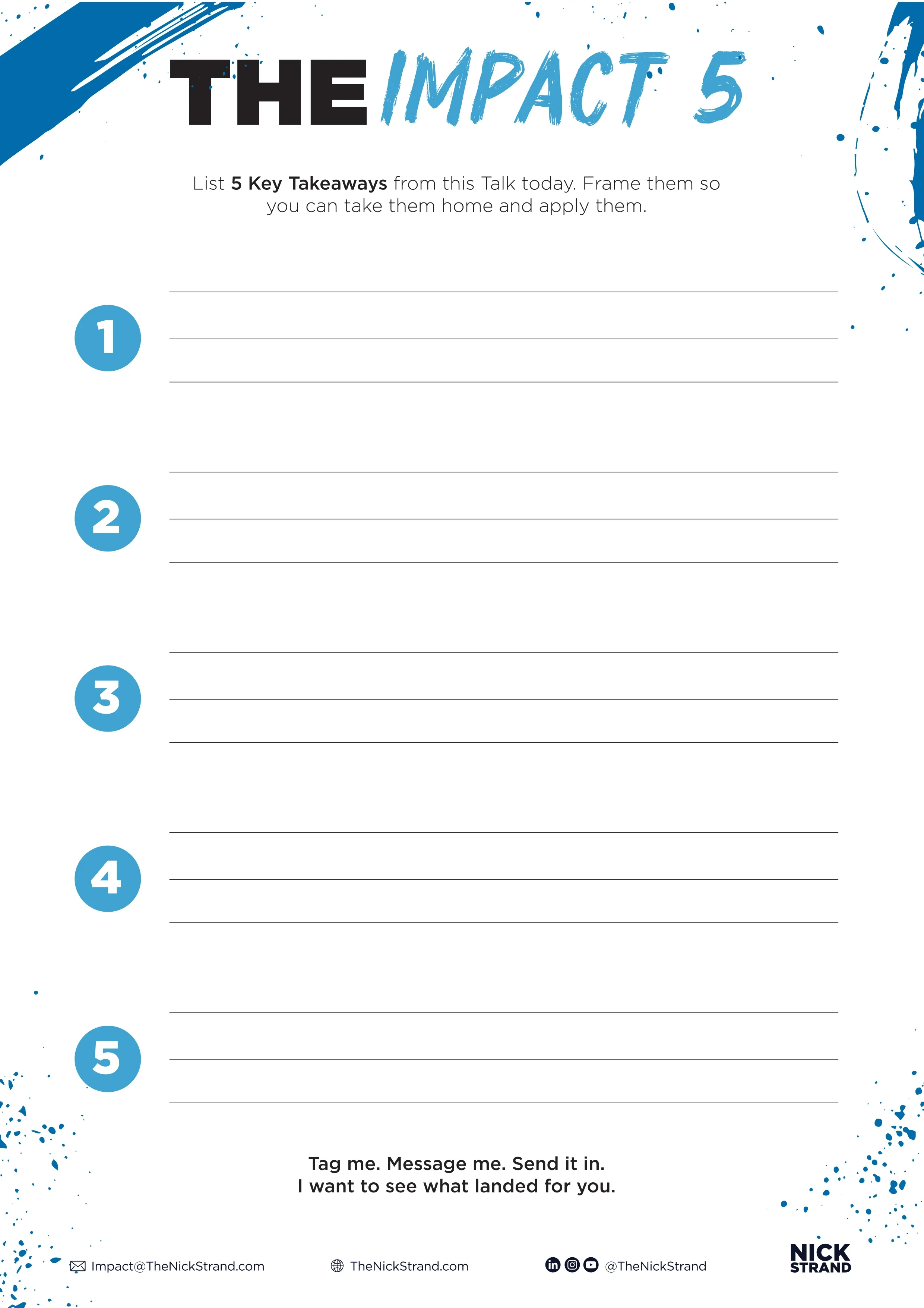 A worksheet titled 'The Impact 5' with sections to list 5 key takeaways from a talk, numbered 1 through 5, with space for writing notes.